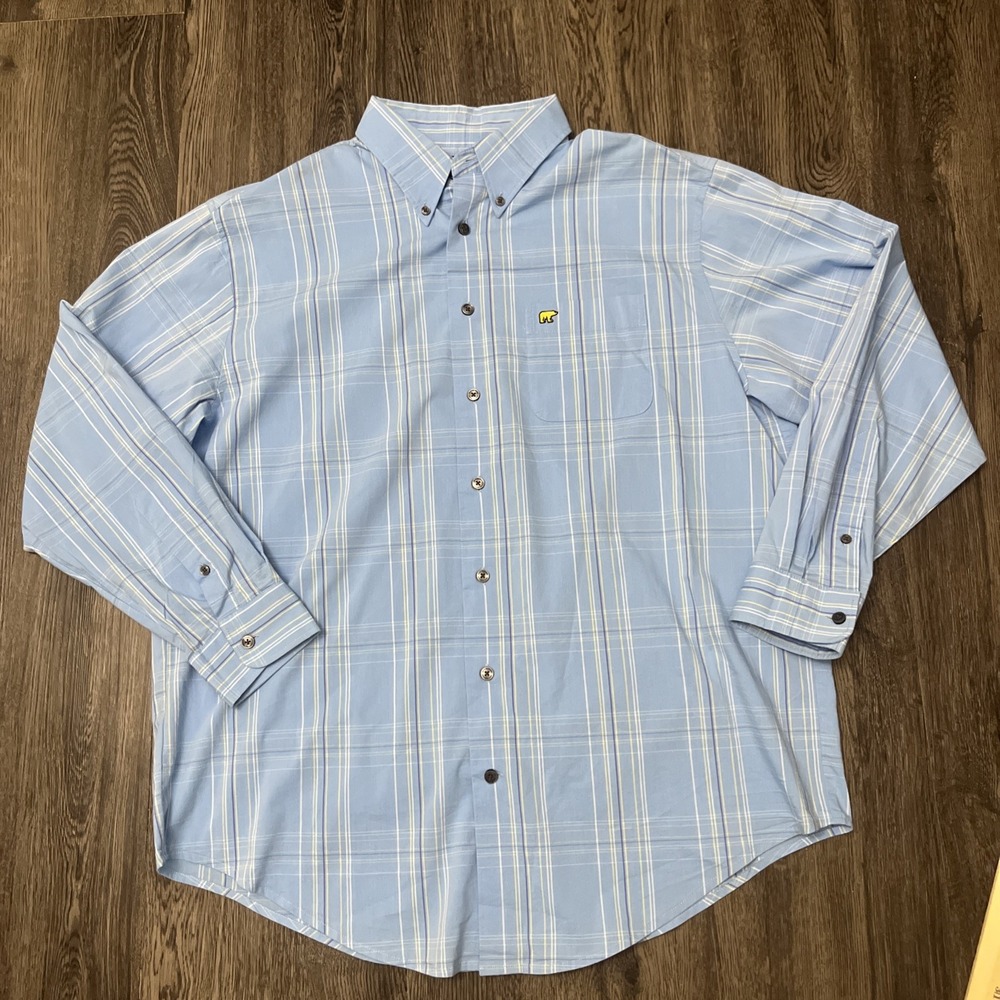 Jack Nicklaus Mens Button Shirt Size L Blue Plaid Long Sleeve Pocket Bear